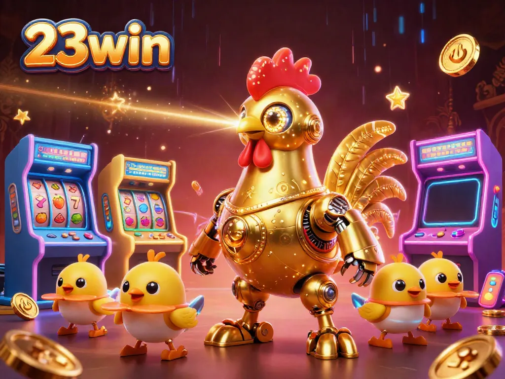 Engage with 23win's vibrant world of gaming featuring a futuristic rooster robot and arcade games