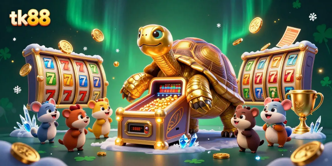 Experience the thrill of winning at tk88 with a colossal tortoise pinball machine surrounded by dynamic slot elements and colorful characters.