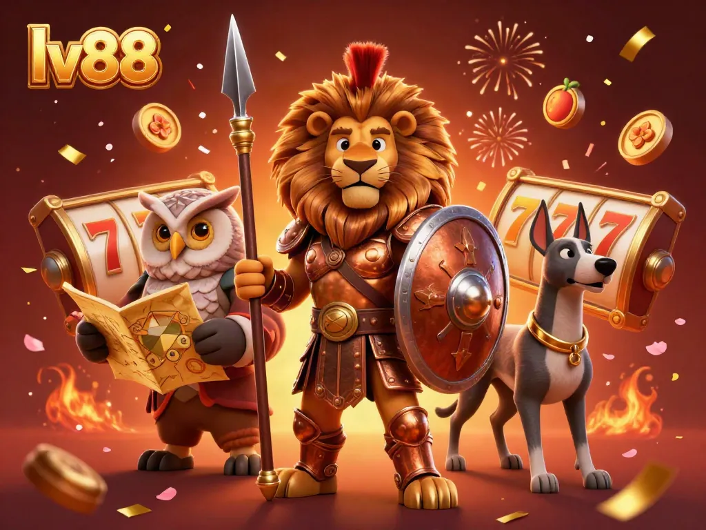 Experience the excitement of lv88 with a cinematic scene of a Spartan lion and vibrant casino elements.