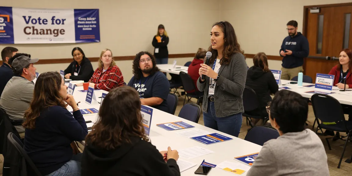 Community engagement scene featuring Casey Askar interacting with voters during a town hall meeting.