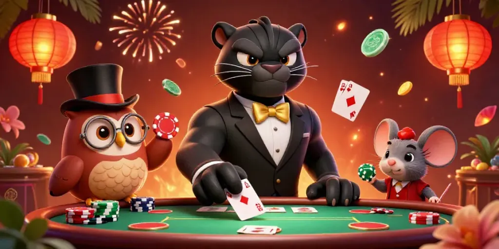 Engaging illustration of sleek panther dealing cards, showcasing hu gaming excitement with vibrant casino elements around