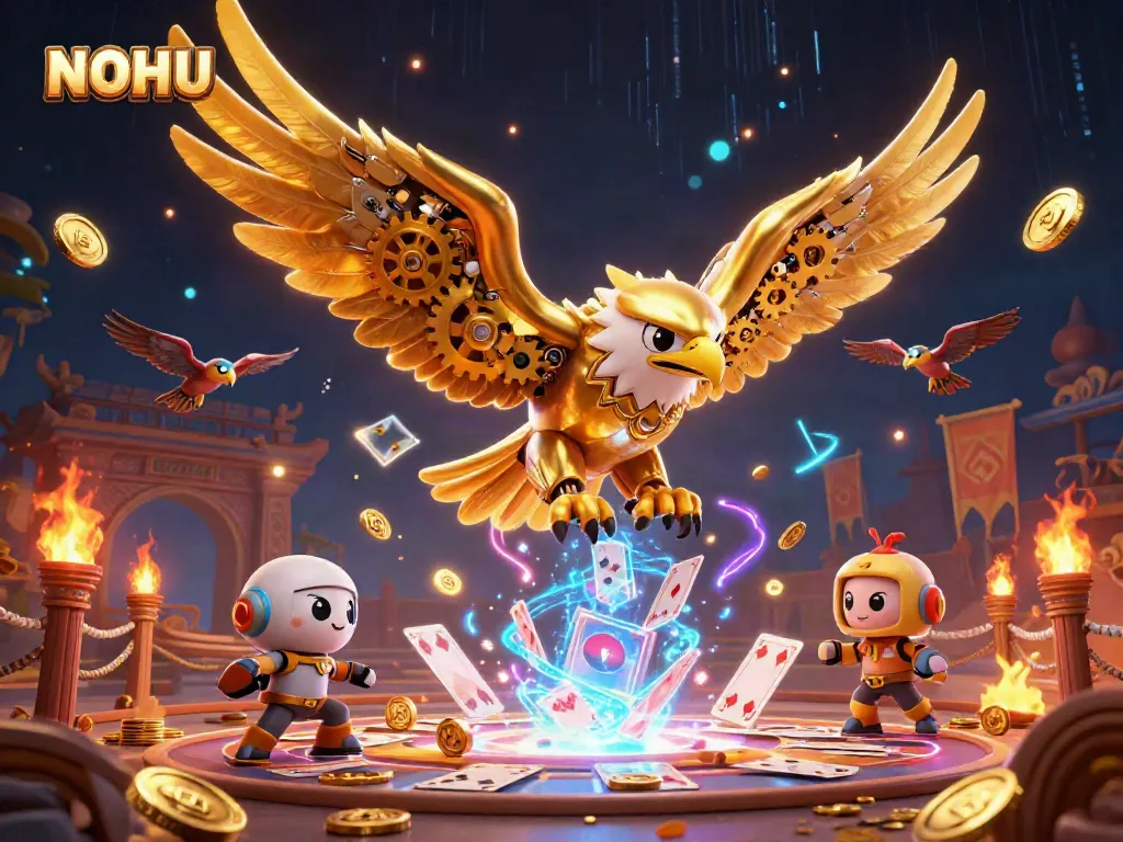 Experience thrilling gaming moments with NOHU as the golden eagle dives through enchanting holographic cards.
