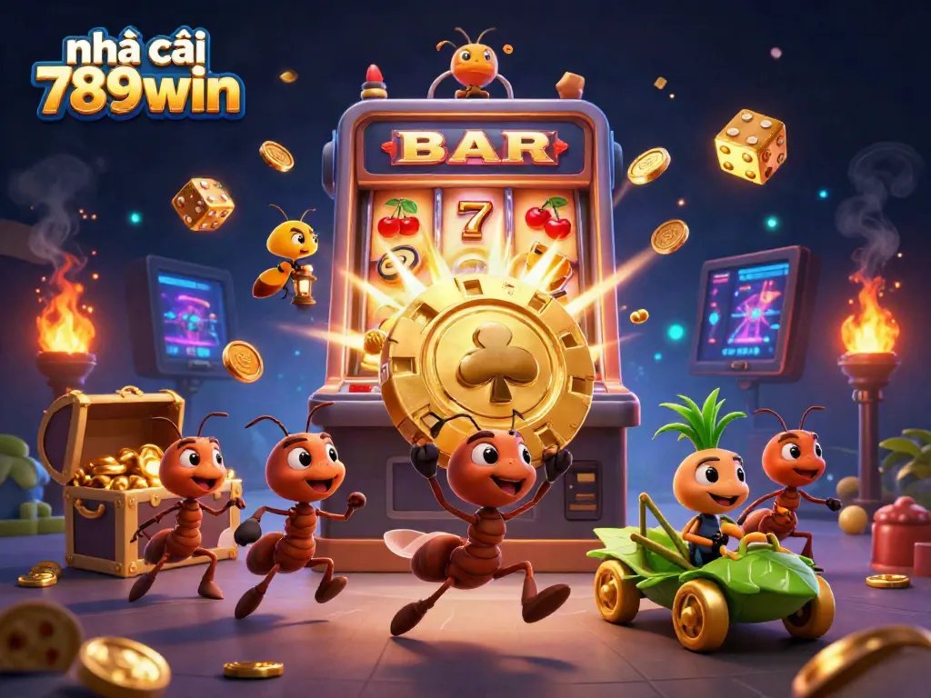 Join the thrilling heist with nhà cái 789win as cartoon ants carry a massive golden poker chip.