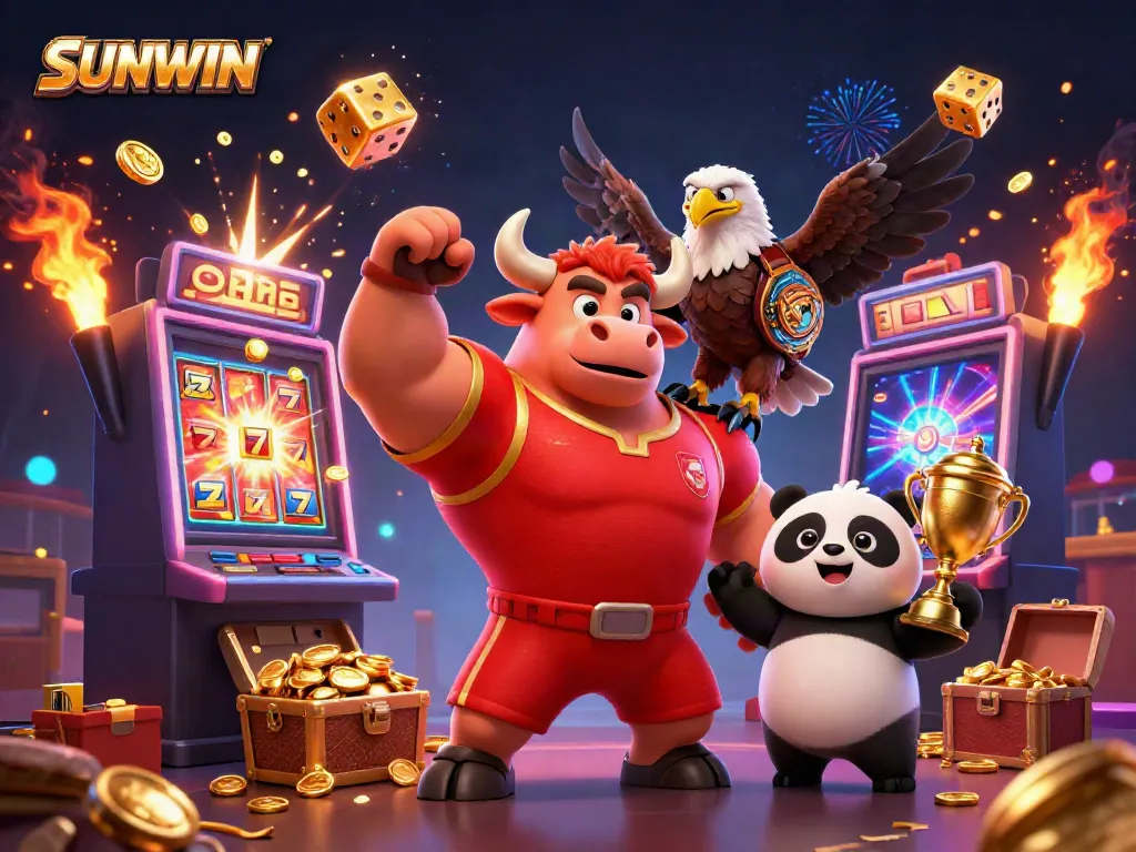 SUNWIN celebrates victory in online gaming with a dynamic scene of exciting casino elements