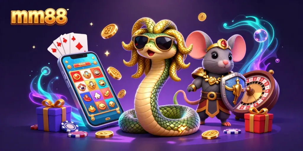 Experience excitement with mm88's vibrant casino scene featuring Medusa and gaming elements.