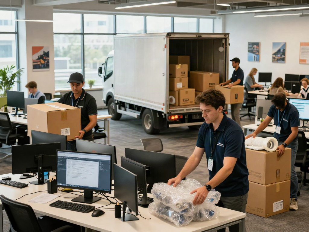 Office movers packing workstations for a corporate relocation, showcasing teamwork and professionalism