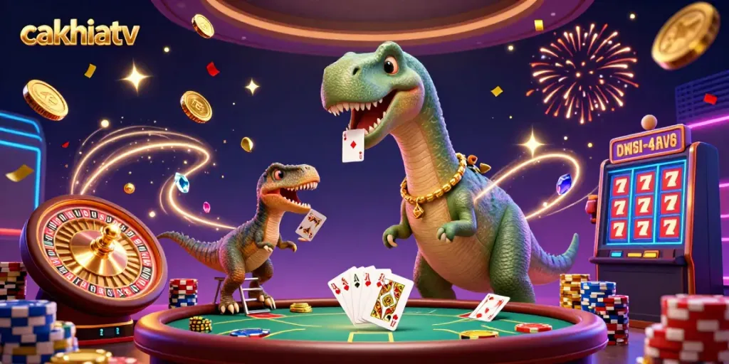 CakhiaTV showcases a bustling casino scene with a giant brontosaurus and a clever raptor dealing cards.