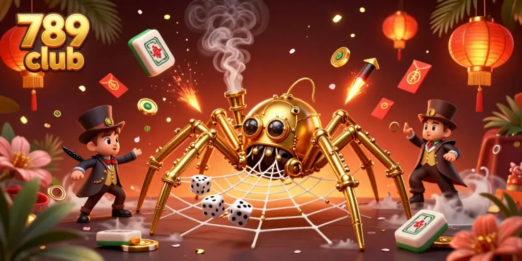 Experience thrilling gameplay at 789 club, where a steampunk spider catches dice and lucky elements surround it.