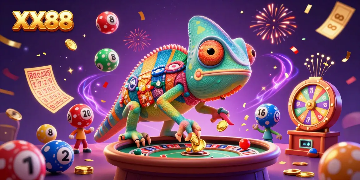 Engage in thrilling gameplay at XX88 with an energetic 3D illustration featuring a colorful chameleon casino owner.