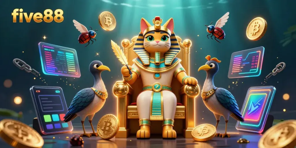 Engage your luck with five88 at this vibrant casino illustration, where characters enjoy crypto-themed gaming.