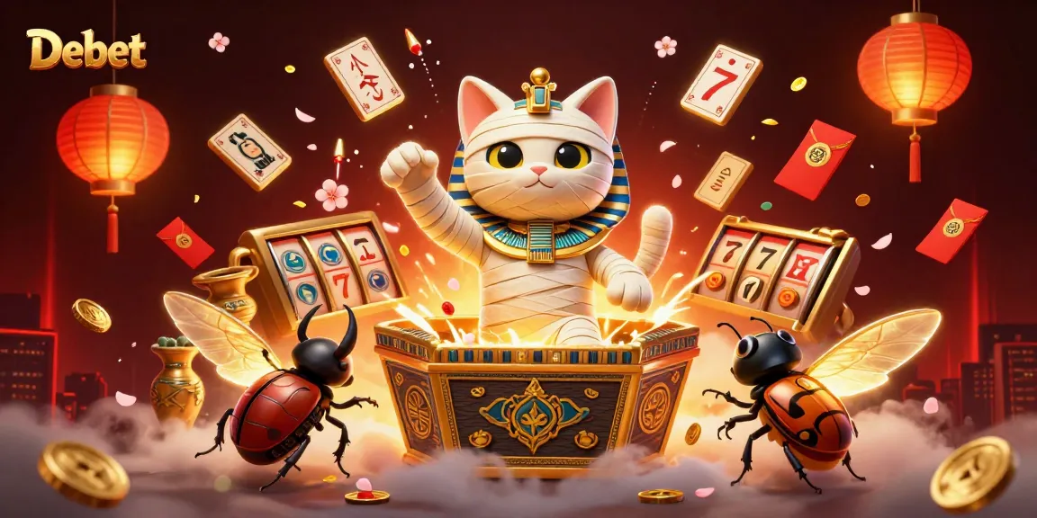 Engage in thrilling gaming action at Debet with a vibrant casino scene featuring unique characters.
