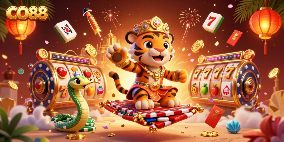 Play colorful slots with CO88’s enchanting tiger sultan in an Arabian-themed digital illustration.