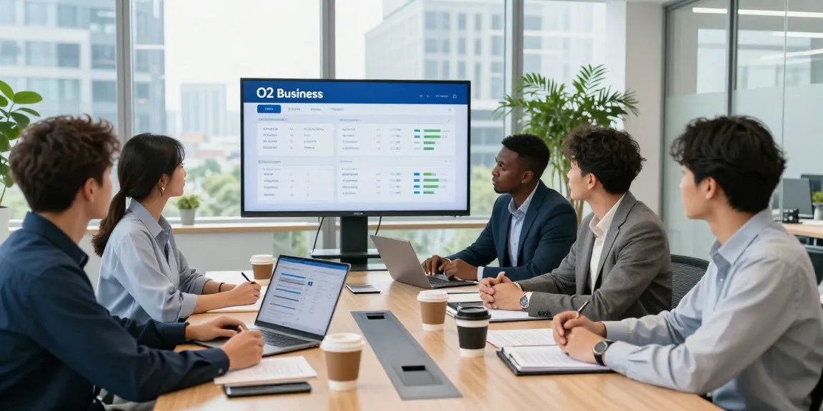 Team discussing o2 business accounts in a modern office with vibrant city views and strategic documents.