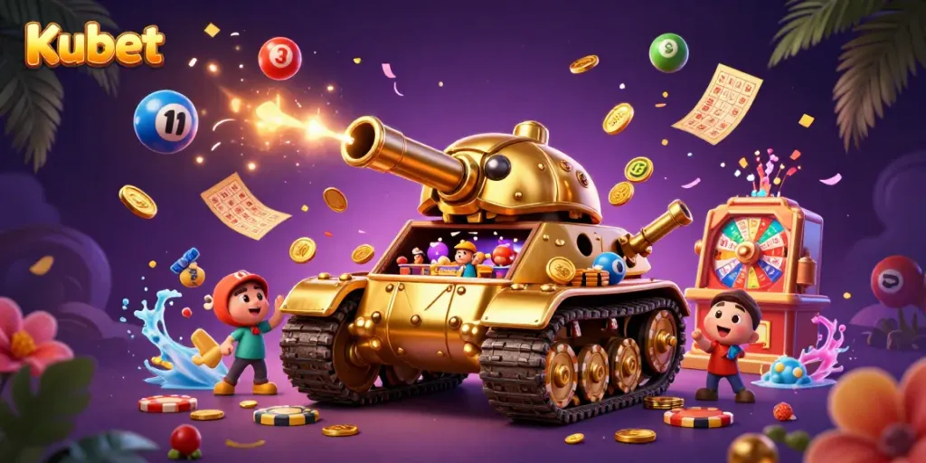Kubet's golden beetle tank casino bursts with vibrant lottery balls and festive confetti.