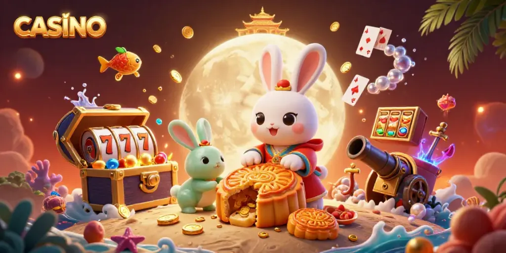 Engage with thrilling casino action as the moon rabbit reveals poker chips amidst rich gaming elements.