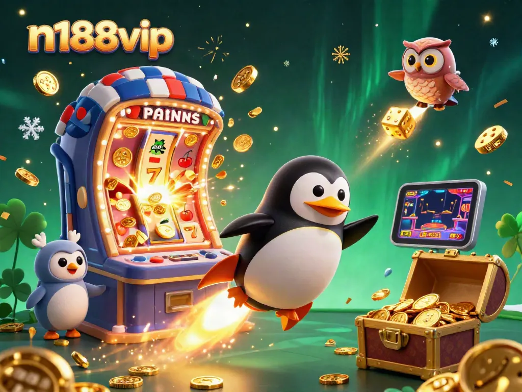Join the thrilling adventure at n188vip with a golden penguin racing to a casino chip station amid jackpot excitement.