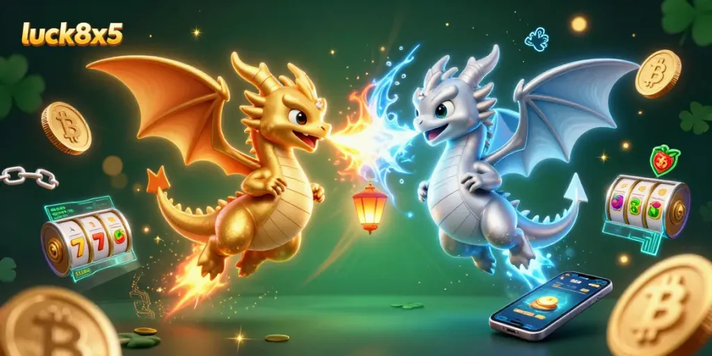 Witness luck8x5 in action with golden and silver dragons embodying fiery excitement amidst slot reels and crypto elements.
