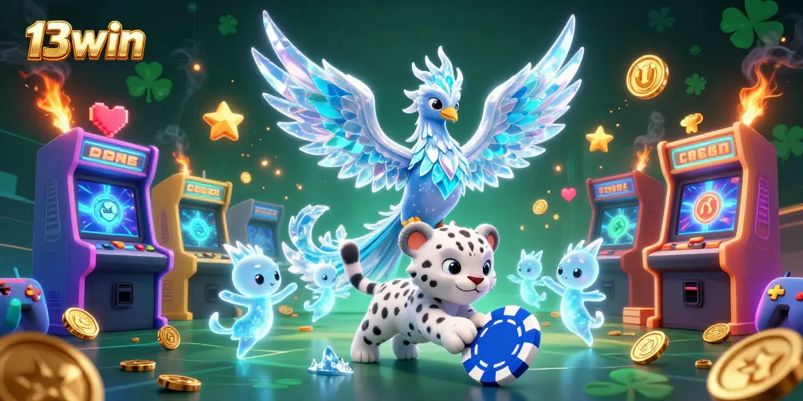 Join 13win in an exciting 3D fantasy casino scene filled with vibrant game elements and characters.