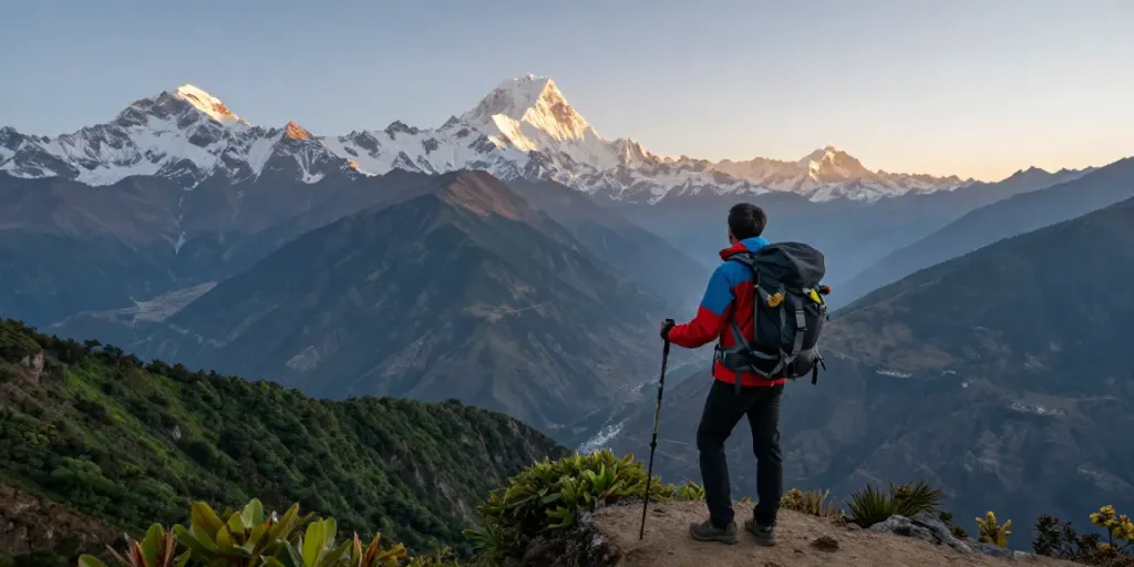 El Manaslu Circuit Trek, un aventurero disfrutando del amanecer sobre montañas nevadas.