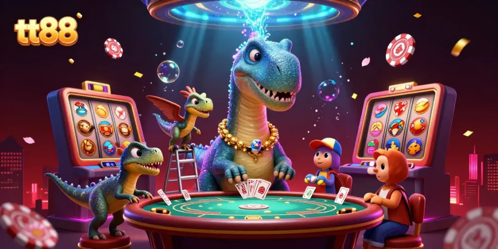Play exciting games at tt88, where a giant brontosaurus watches as a clever raptor deals poker cards.