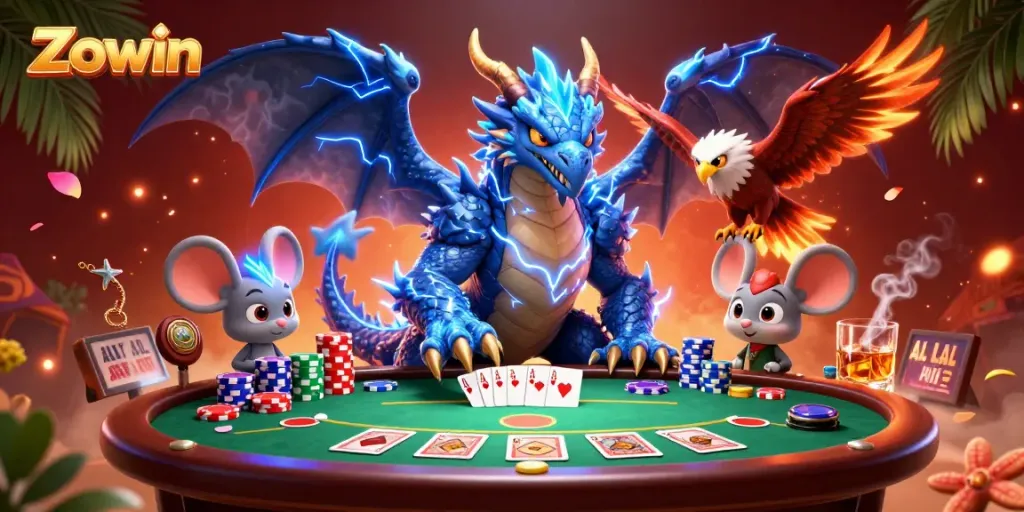 Experience thrilling poker action with Zowin amidst a vibrant casino scene featuring colorful chips.