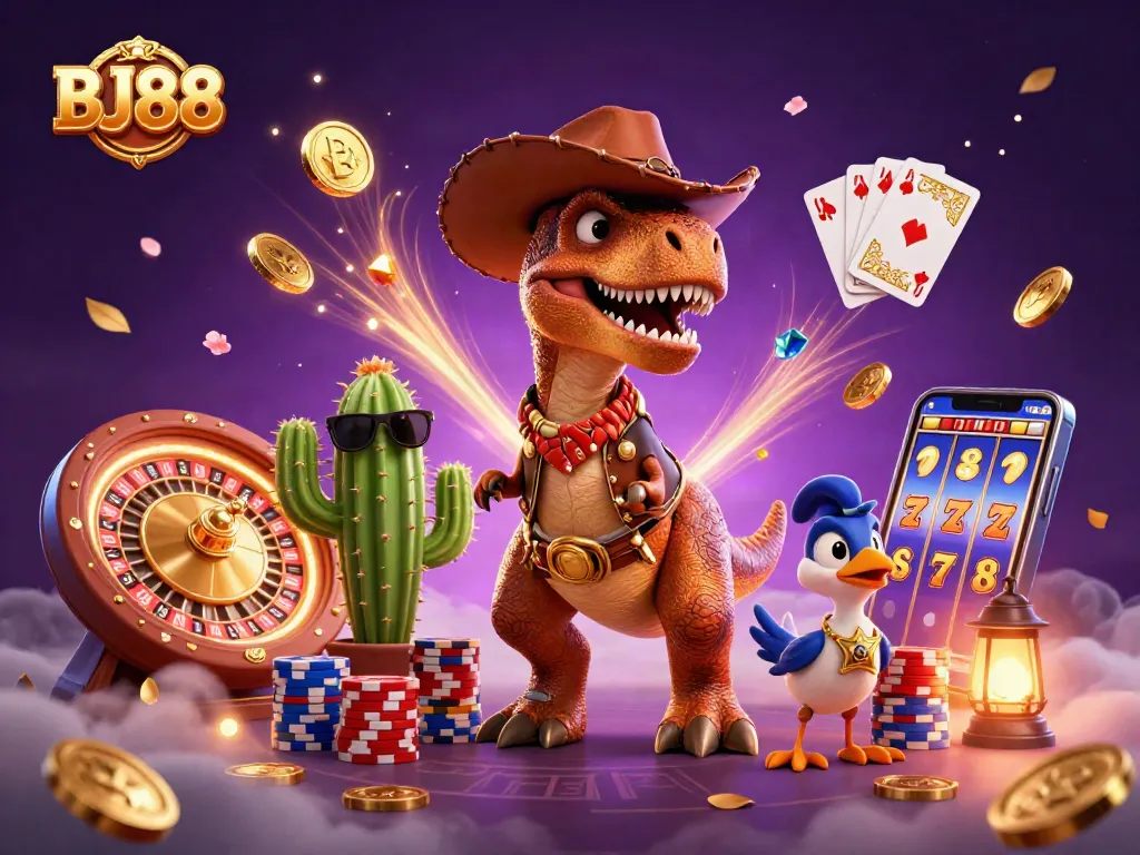 Engage with BJ88's thrilling gaming experience featuring a lively dinosaur cowboy amidst cascading coins and vibrant casino elements.