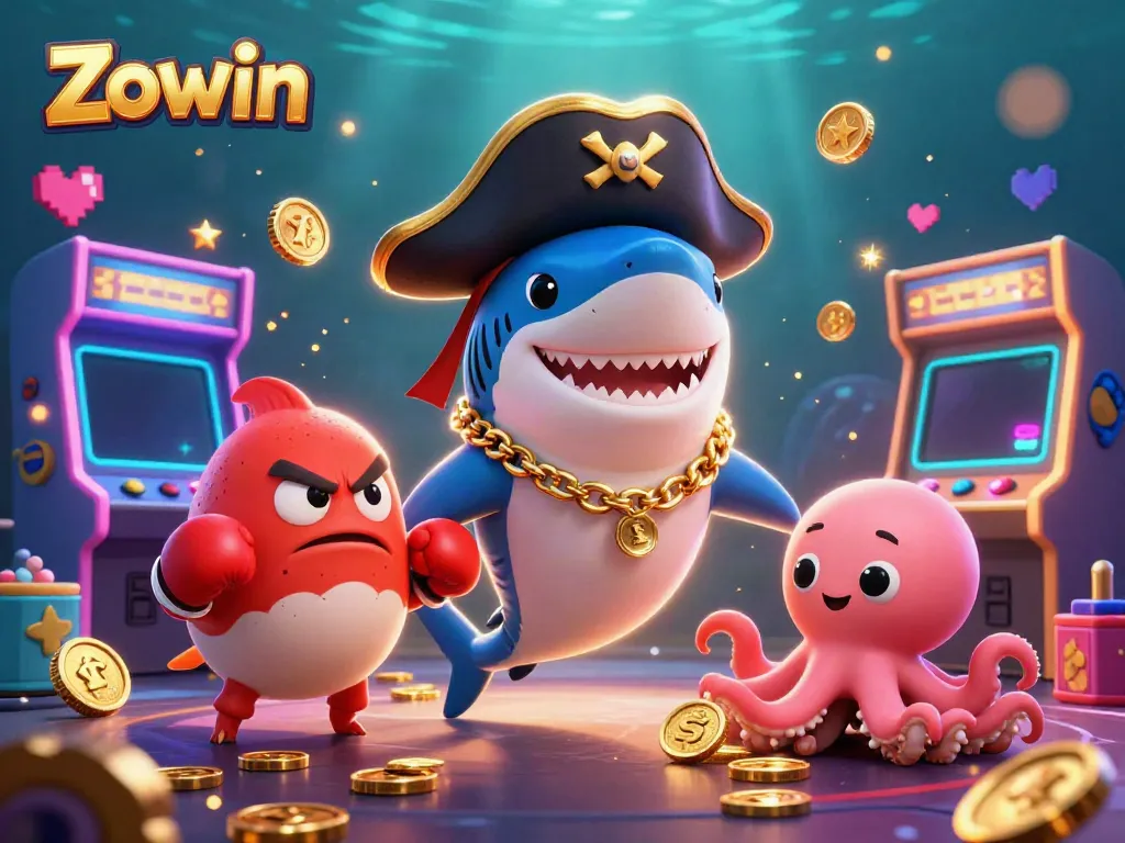 Zowin's vibrant gaming scene featuring a pirate shark, pufferfish, and octopus amidst arcade elements