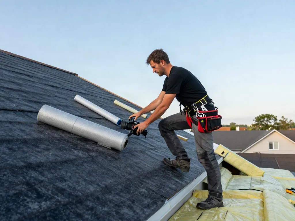 Professional roofer inspecting a felt roof, emphasizing quality and expertise in roofing maintenance.