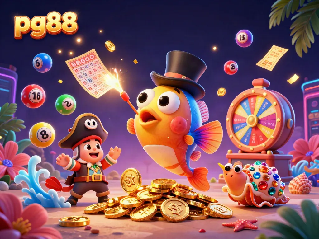 Engage with pg88 in a vibrant sea-themed casino adventure with golden coins, colorful lottery balls, and treasure elements.