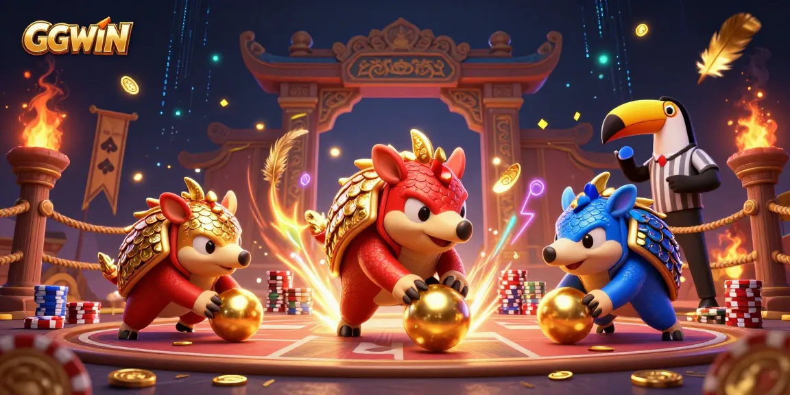Engage with GGWIN's thrilling casino experience featuring playful pangolins amid golden poker chips.