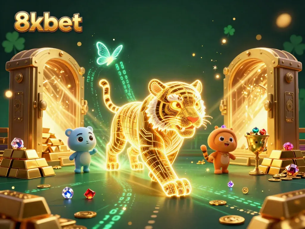 Experience the lively digital casino with 8xbet featuring a golden tiger and treasures.
