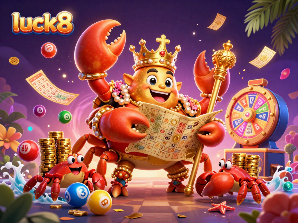 Experience luck8's vibrant gaming atmosphere with a golden crab emperor leading exciting lottery elements.