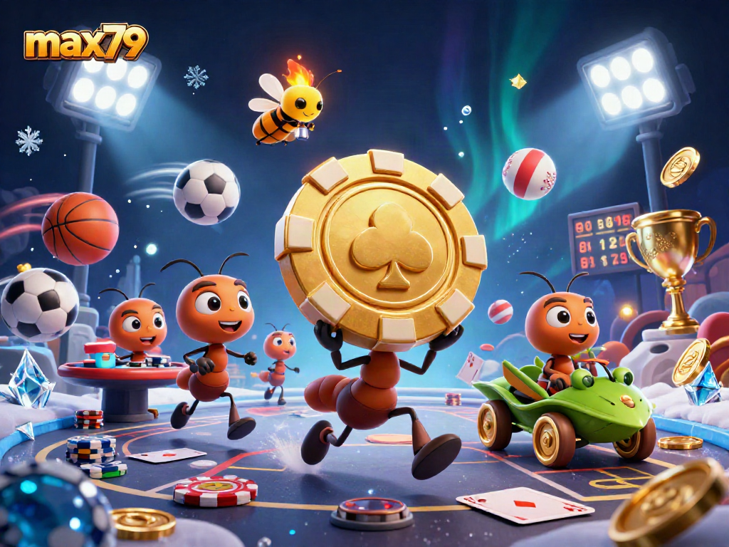 Action-packed max79 scene with ants heisting poker chips, sports balls, and vibrant gambling elements.