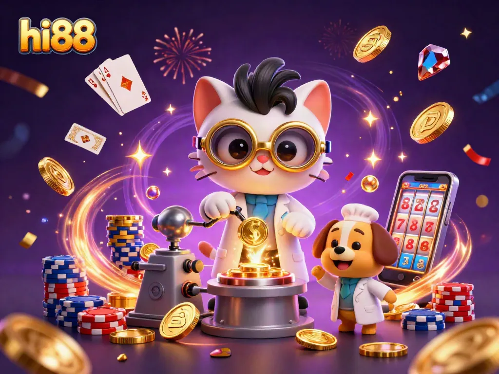 Experience excitement with hi88's vibrant 3D casino scene featuring mad scientist cat and loyal dog amidst a whirlwind of gambling elements.