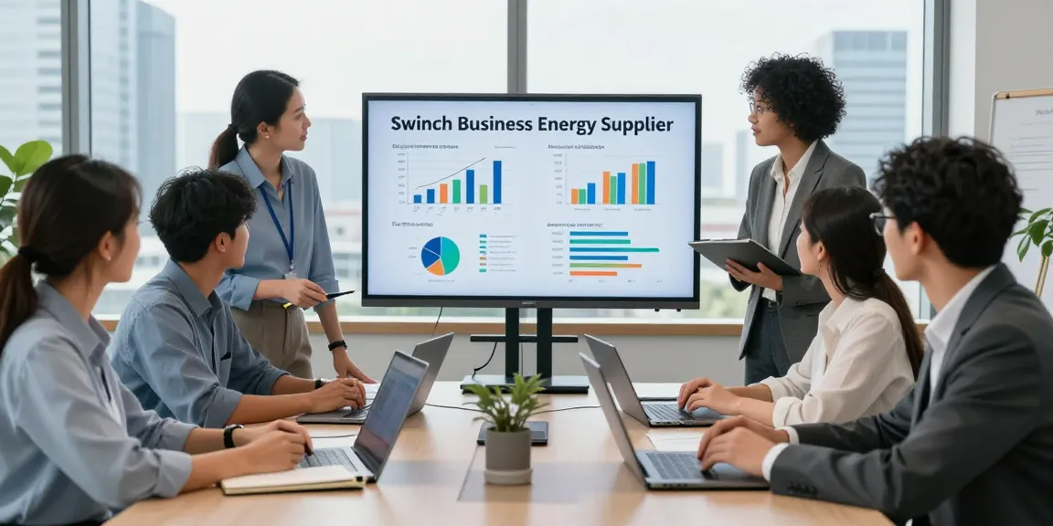 Team discussing strategies to switch business energy supplier in a modern office.