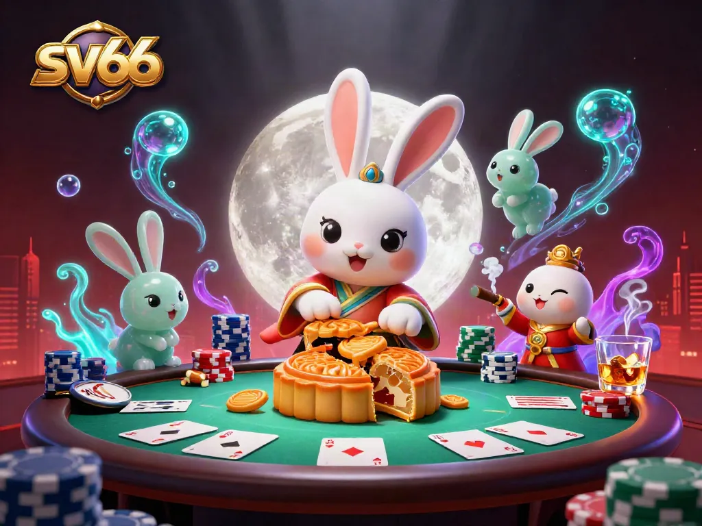 Experience thrilling gameplay at sv66 with a vibrant 3D scene featuring rabbit characters and poker elements.