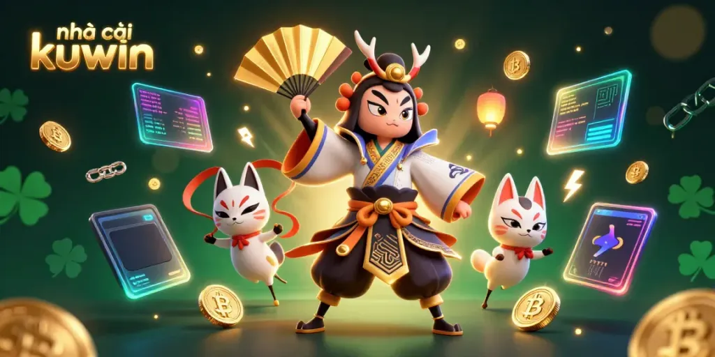 Experience the dynamic spirit of nhà cái kuwin with a vibrant 3D casino scene featuring kabuki warriors and crypto elements.