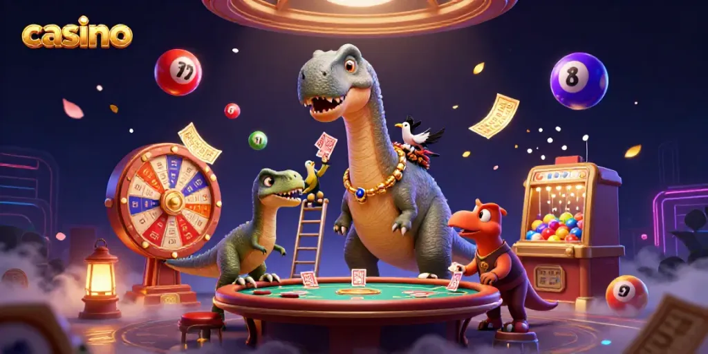 Engage in thrilling casino action with a giant brontosaurus interacting with a clever raptor and colorful elements.