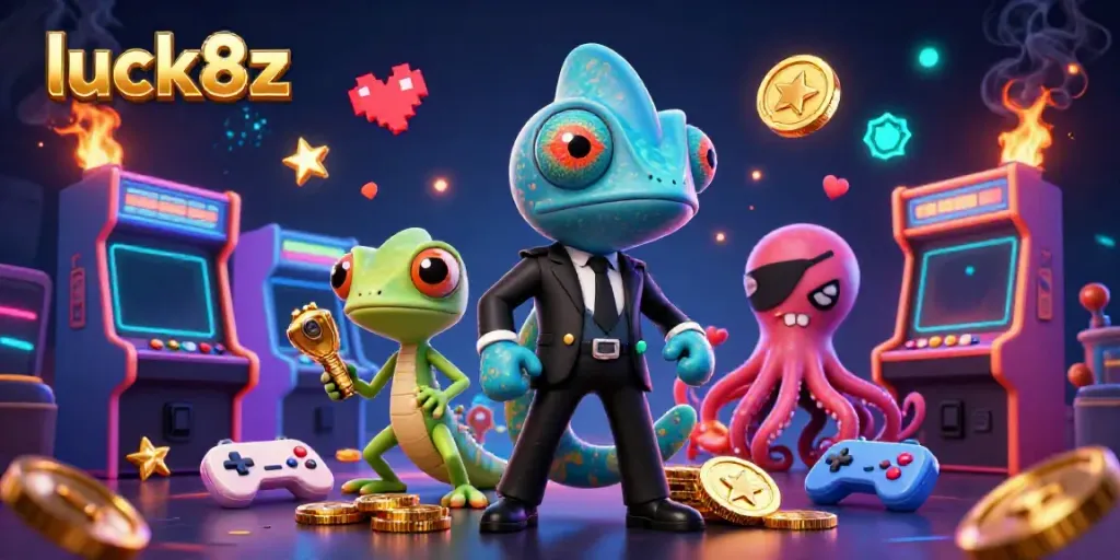 Experience thrilling gaming action with luck8z, featuring a Bond-style chameleon agent in a casino scene.