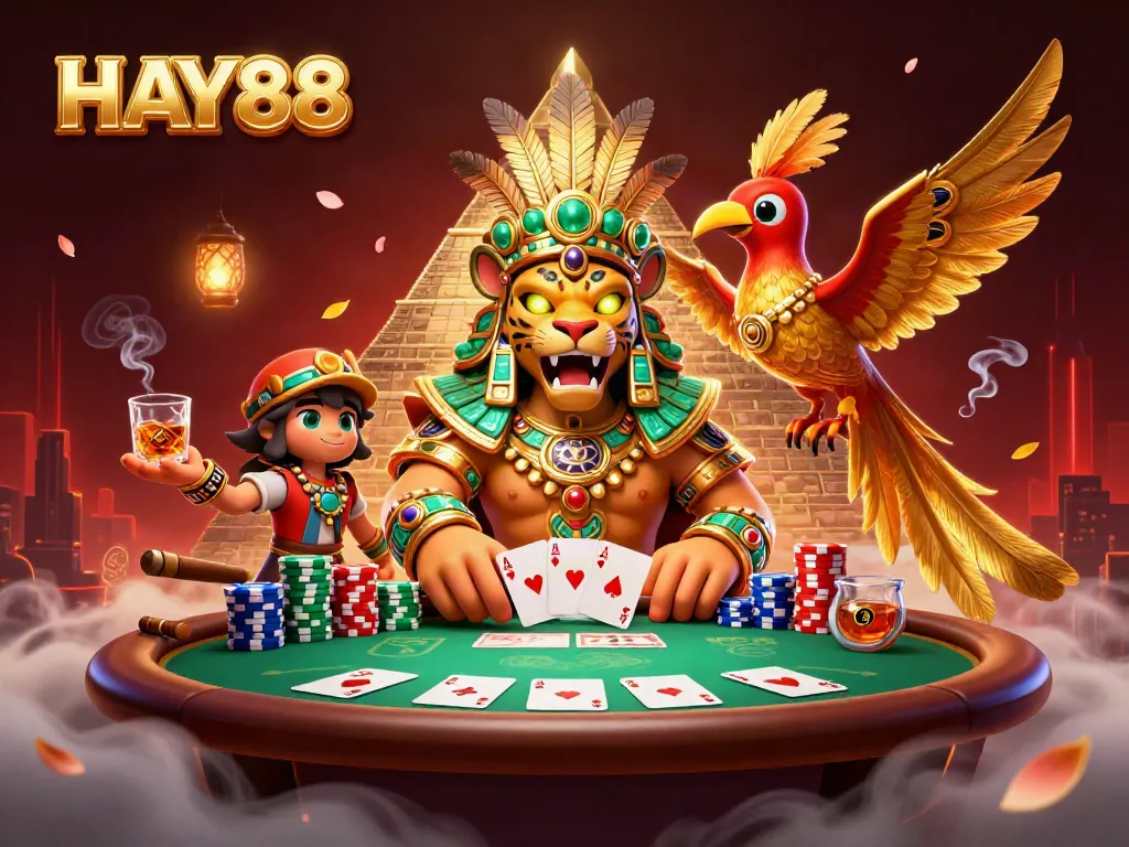 Play exciting poker with HAY88 in an atmospheric casino scene featuring stunning characters and game elements.