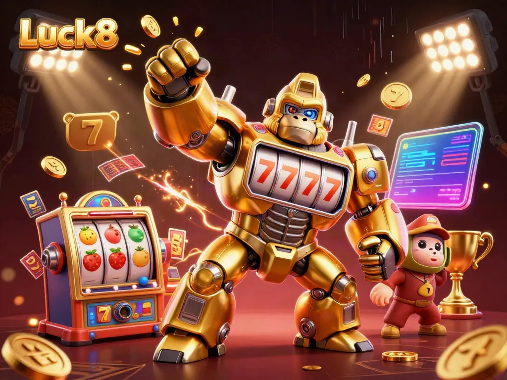 Engage with Luck8's vibrant gaming universe featuring dynamic 3D characters and casino elements.