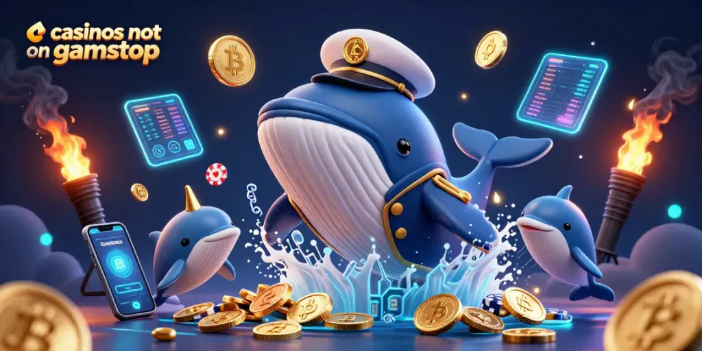 Engage with vibrant casinos not on gamstop offerings, featuring a whale and playful dolphins amidst coins and crypto