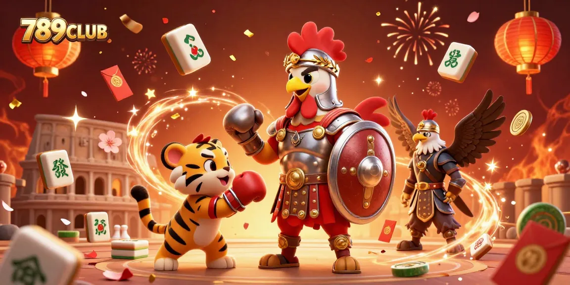 Engage with the dynamic 789CLUB casino atmosphere featuring a gladiator rooster and a tiger cub, amidst festive elements.