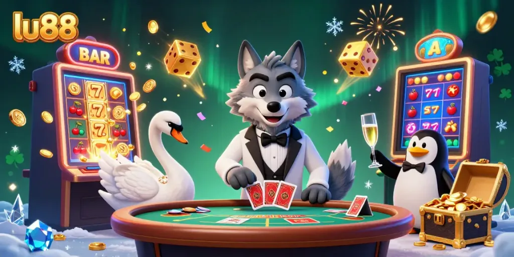 Experience thrilling gameplay at lu88 with vibrant casino illustrations featuring wolves, swans, and slot machines.