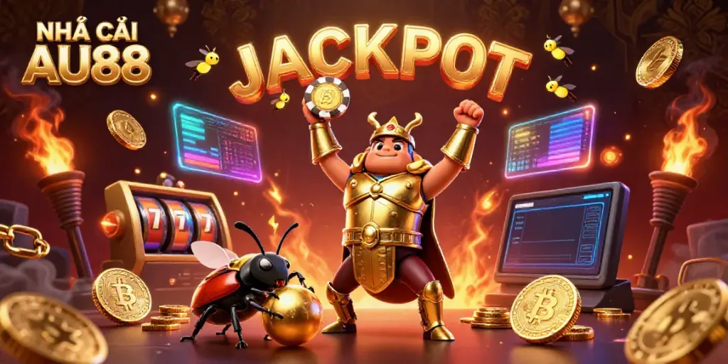 Engage with thrilling gaming moments at NHÀ CÁI AU88 through a vibrant 3D illustration showcasing winning energy and lucky symbols.