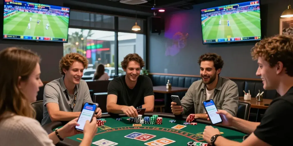 Friends betting on sports using lotus365 app in a lively casino lounge.