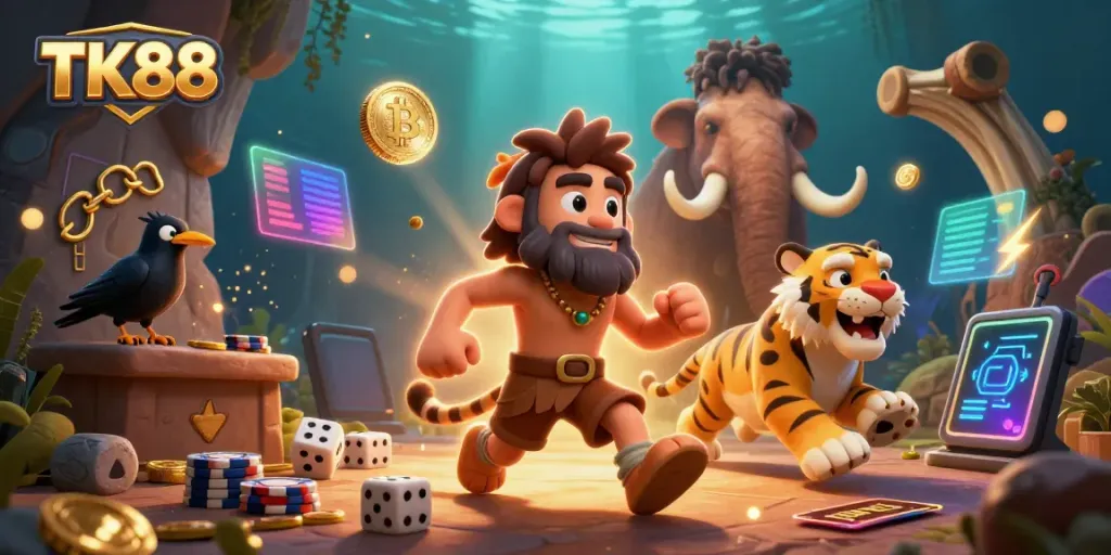 Engage in the adventure of TK88 with a lively prehistoric casino scene featuring vibrant characters and dynamic gaming elements.