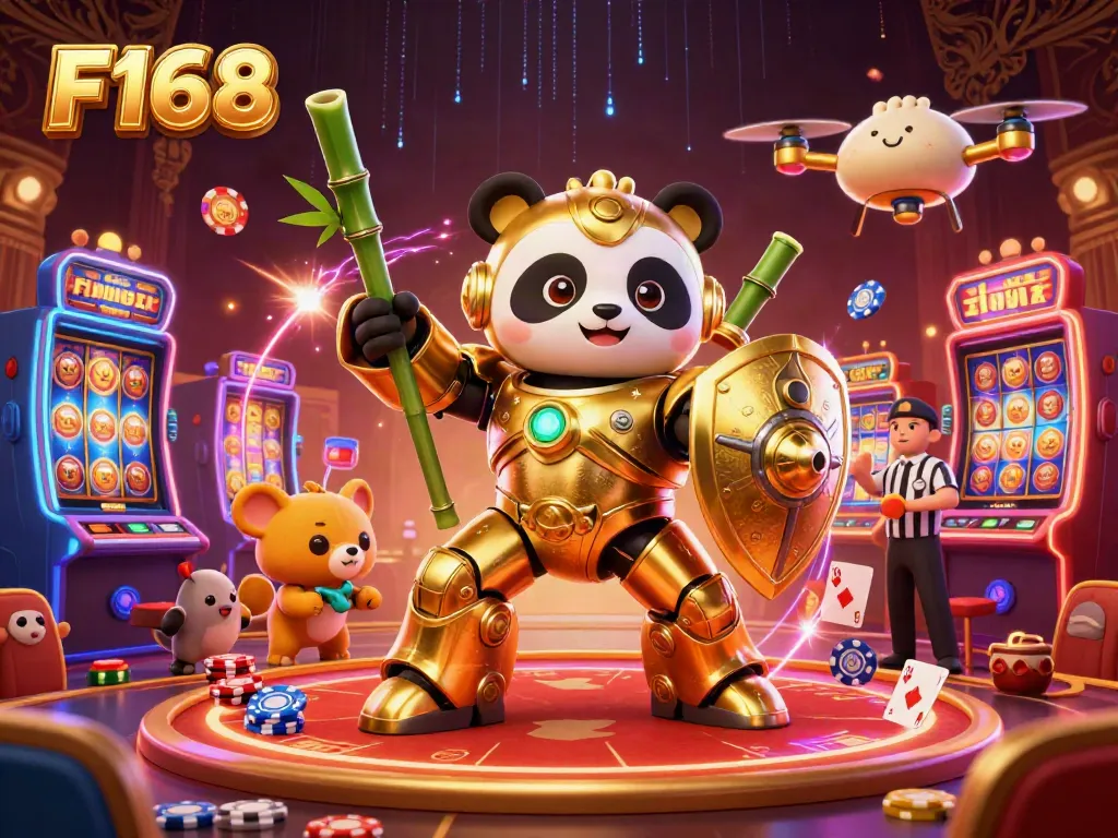 Experience the excitement of F168 with a golden panda in a vibrant casino arena, surrounded by game elements.