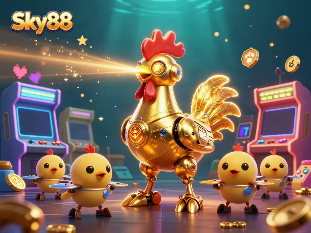 Engage with thrilling gaming action in Sky88, featuring a futuristic golden rooster and playful drones amidst colorful arcade elements.