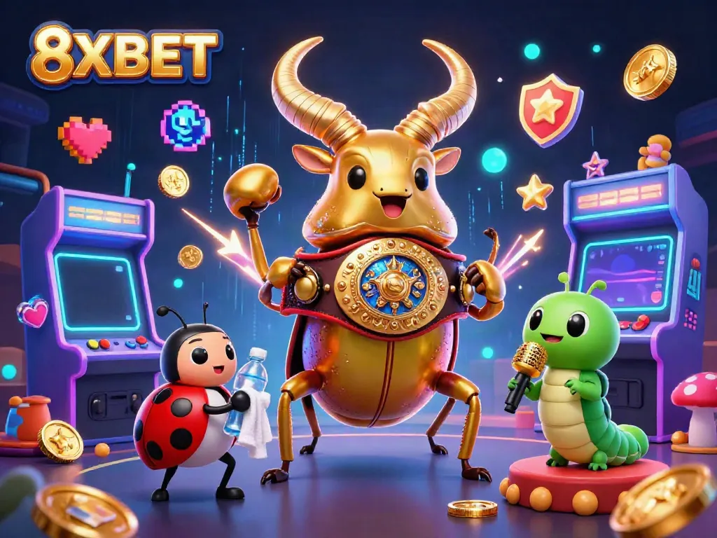 Engage with dynamic 8XBET casino action, featuring a giant golden stag beetle in a boxing belt.